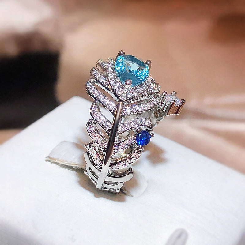 Blue Zircon Feather Ring Opening Adjustable